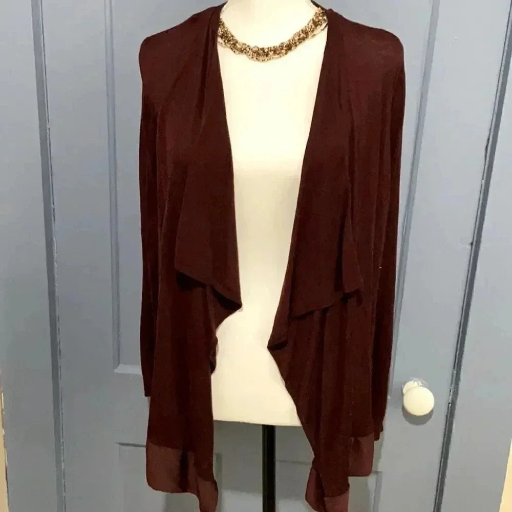 H & M open front draping cardigan, lightweight brown w/ tone of burgundy size M